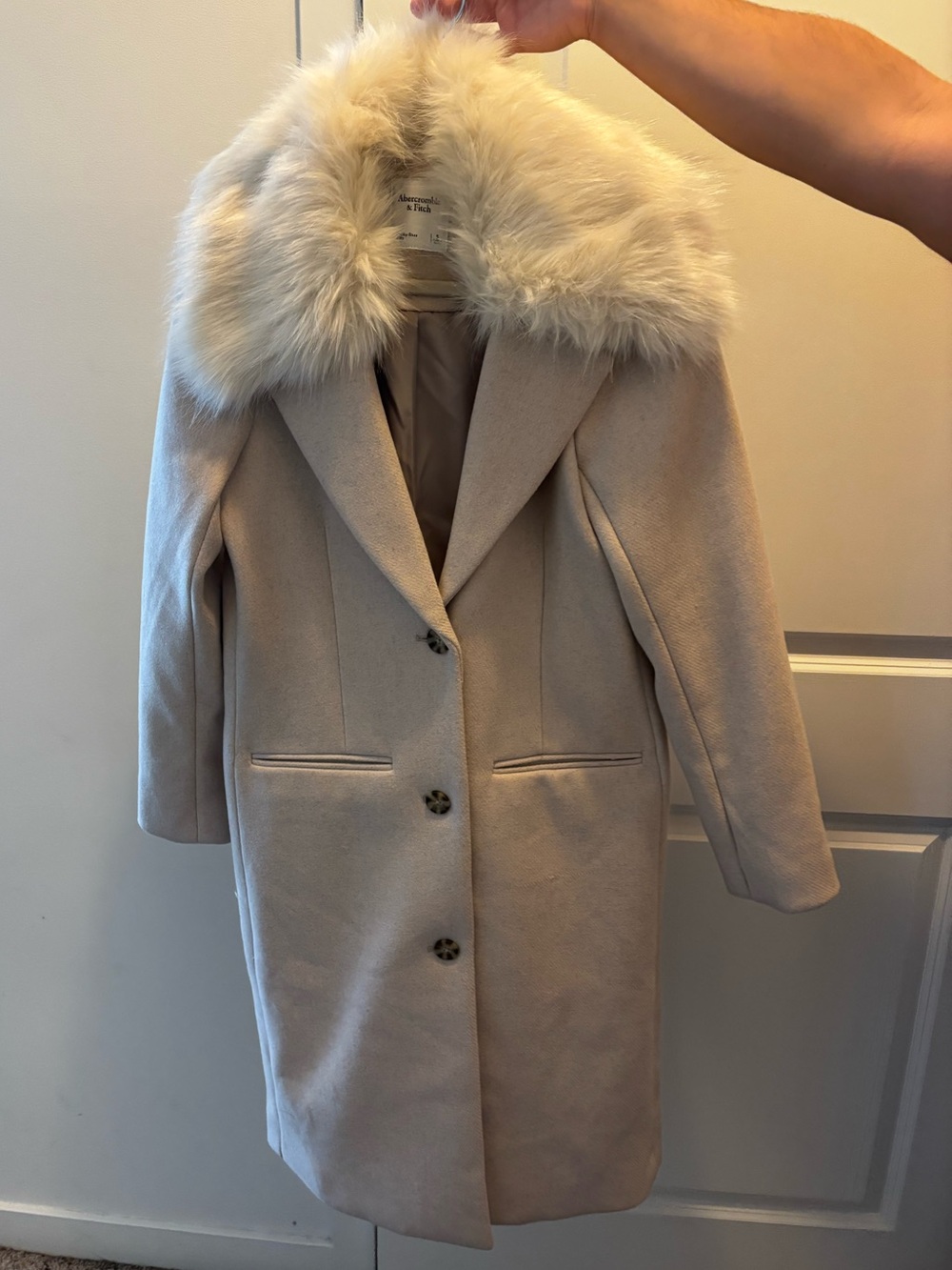 Abercrombie & Fitch Wool Blend Tan Long Length Coat w Removable Faux Fur Collar - Picture 13 of 16
